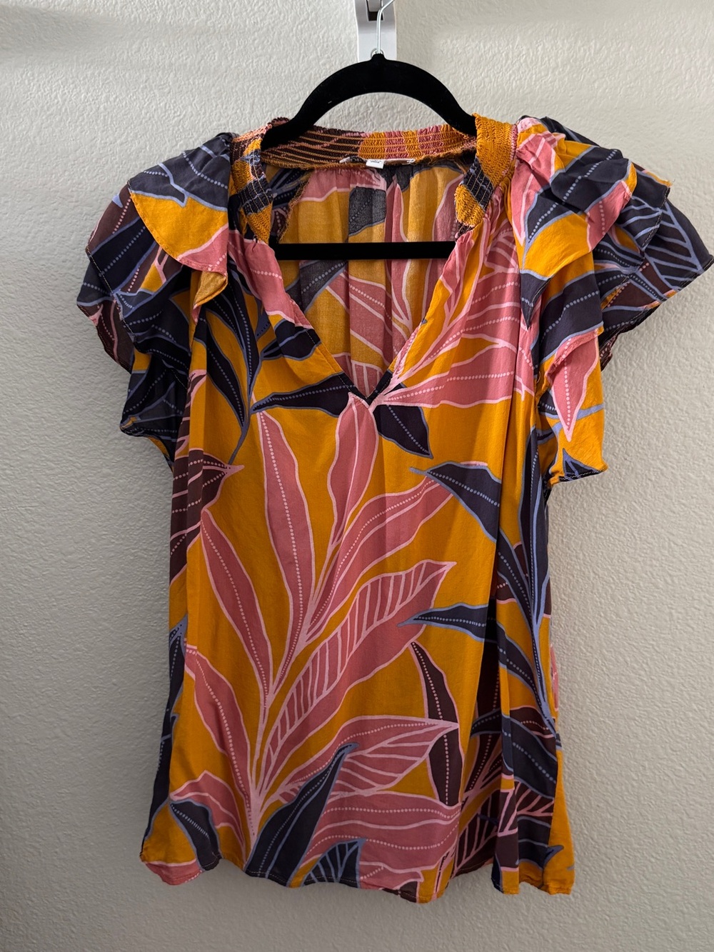DR2 Mustard, Pink & Navy Floral Flutter Sleeve Blouse